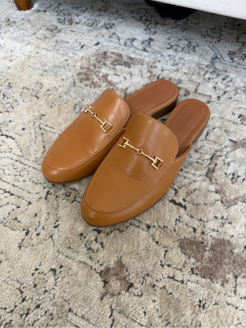 Amazon Tan Leather Backless Loafers with Gold Hardware
